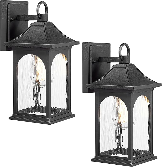 Porch Lights Outdoor Wall Light Fixtures 12.8 Inch with Water Ripple Glass, Black Wall Sconces Set of Two,Waterproof Aluminum Outside Lights for House Front Door Garage