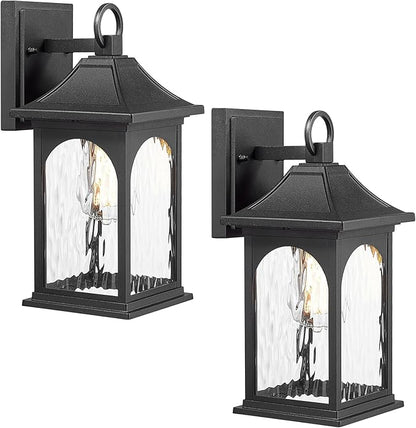 Porch Lights Outdoor Wall Light Fixtures 12.8 Inch with Water Ripple Glass, Black Wall Sconces Set of Two,Waterproof Aluminum Outside Lights for House Front Door Garage
