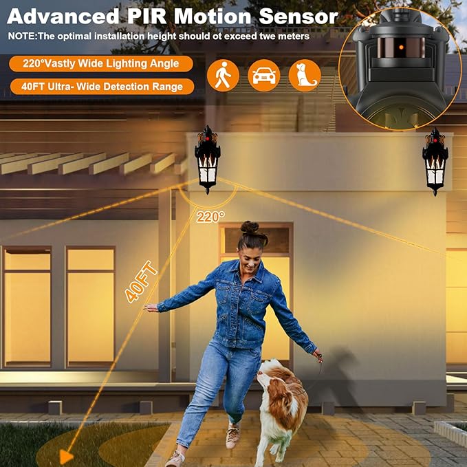 Motion Sensor Outdoor Wall Lights 2 Pack, 220° Dusk to Dawn Exterior Lighting Fixtures with Tempered Glass, Vintage Style IP65 Waterproof for Porch, Garage, House (Blcak)