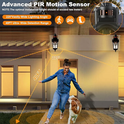 Motion Sensor Outdoor Wall Lights 2 Pack, 220° Dusk to Dawn Exterior Lighting Fixtures with Tempered Glass, Vintage Style IP65 Waterproof for Porch, Garage, House (Blcak)