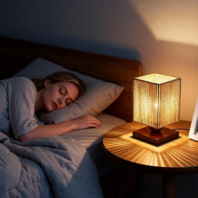 Boho Small Table Lamp,Vintage Wicker Wooden Nightstand Bamboo Woven End Table Lamps,Farmhouse Rattan Beside Lamp for Room Decor, for Bedroom Living Room Desk Kids Room(LED Bulb Included) (A)