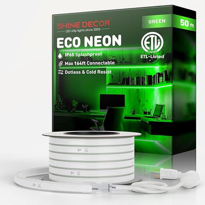 Shine Decor LED Rope Lights AC 120V, Connectable & Cuttable Dotless 120LEDs/M Eco Neon Strip Lighting, ETL IP65 Waterproof & Weather-Resistant for Home Commercial, 8x16mm, Green, 50FT
