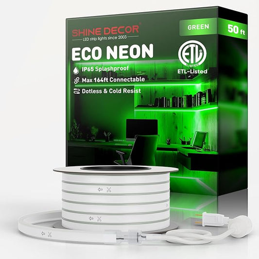Shine Decor LED Rope Lights AC 120V, Connectable & Cuttable Dotless 120LEDs/M Eco Neon Strip Lighting, ETL IP65 Waterproof & Weather-Resistant for Home Commercial, 8x16mm, Green, 50FT
