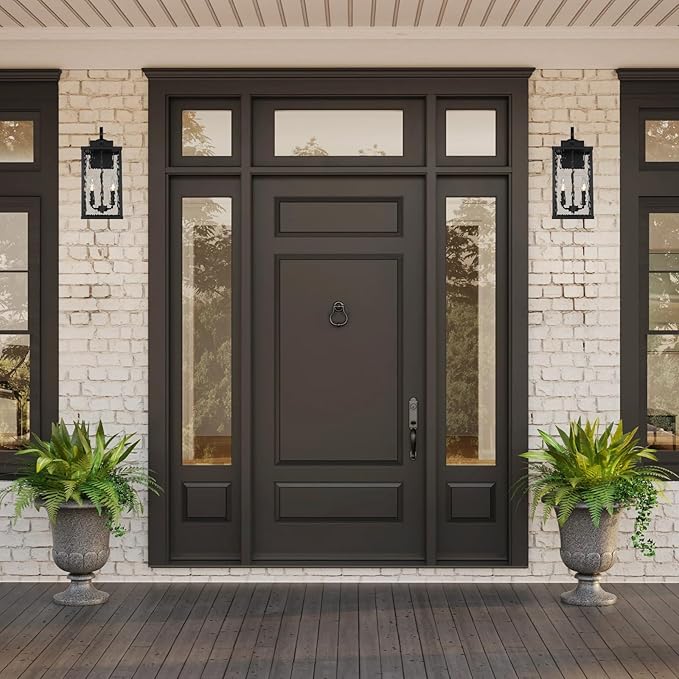 Outdoor Wall Light Fixture, 2-Light Modern Black Exterior Wall Lantern with Water Ripple Glass, Matte Rustic Waterproof Wall Sconce for Porch, Garage, Yard, Front Door, Patio, Garden