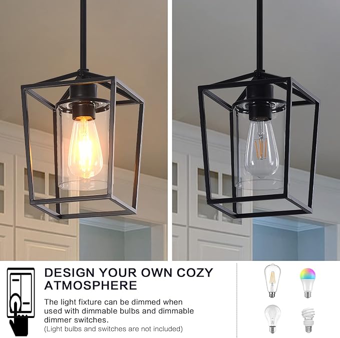 Pendant Light Fixture,Adjustable Black Iron Cage Farmhouse Metal Kitchen Island Hanging Light with Clear Glass Shade, Suitable for Kitchen Island, Entrance, Dining Room, Hallway(1 Light)…