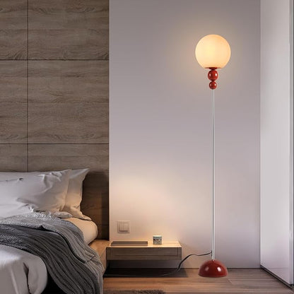 Modern Glass Floor Lamp for Bedroom, 63'' Vintage Mid-Century Floor Lamp with Milky White Frosted Glass Globe Shade for Living Room Corner, Slim Standing Reading Lamp for Office Decor (Dark Red)