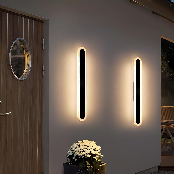 2 Pack Long Outdoor Porch Wall Light, 23.6inch Oval Modern LED Wall Sconce, IP65 Waterproof, 3000K Warm White, 24W, Exterior Linear Lighting Fixture for Patio, Yard, Garage, Balcony