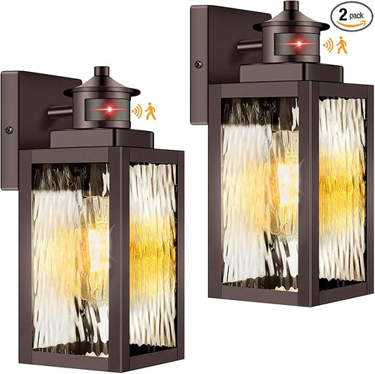 BesLowe 2-Pack Motion Sensor Outdoor Wall Lights, Dusk to Dawn Porch Lights Outdoor Sconces with Water Ripple Glass, Brown Exterior Lighting Fixtures Wall Mount, Outside Lights for House Front Door