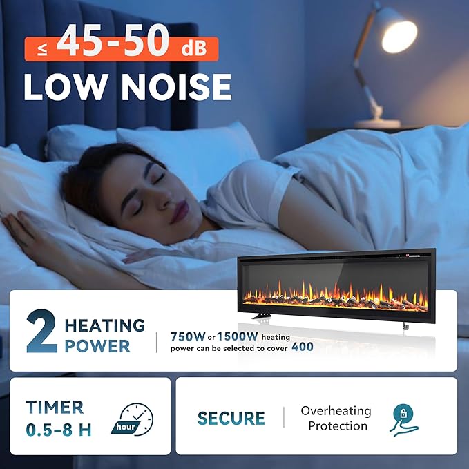 EUHOMY 60 Inch Electric Fireplace Recessed Wall Mounted Freestanding with Remote Control, Ultra-thin Fireplace Heater with Adjustable Flame Color, Linear Fireplace with Timer, Log & Crystal, 750/1500W
