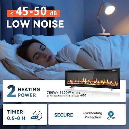 EUHOMY 60 Inch Electric Fireplace Recessed Wall Mounted Freestanding with Remote Control, Ultra-thin Fireplace Heater with Adjustable Flame Color, Linear Fireplace with Timer, Log & Crystal, 750/1500W