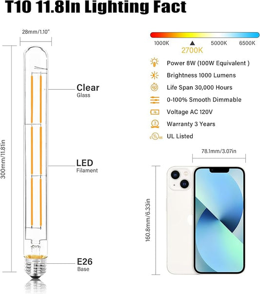 11.8IN 1000LM 2700K Soft White Light Bulbs E26 Base, T10 T9 Edison Bulbs Dimmable 8W, AC 120V 100 Watt Equal Filament Bulb, Vintage Clear Glass Long Tubular LED Bulb, UL Listed - 2Pack