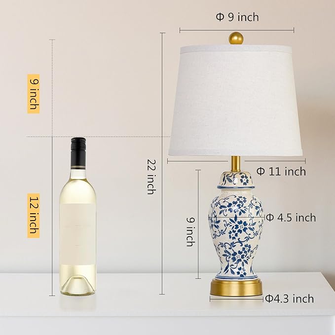 RORIANO Chinoiserie Ceramic Table Lamps Set of 2 for Living Room Bedroom Bedside, Traditional Blue Porcelain Classic Table Lamp for Nightstand Entryway, 2 LED Bulbs Included (Gold)