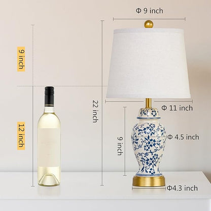 RORIANO Chinoiserie Ceramic Table Lamps Set of 2 for Living Room Bedroom Bedside, Traditional Blue Porcelain Classic Table Lamp for Nightstand Entryway, 2 LED Bulbs Included (Gold)