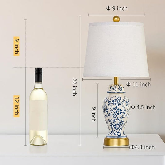 RORIANO Chinoiserie Ceramic Table Lamps Set of 2 for Living Room Bedroom Bedside, Traditional Blue Porcelain Classic Table Lamp for Nightstand Entryway, 2 LED Bulbs Included (Gold)
