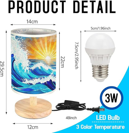 Sea and Ocean Waves Table Lamp LED 3-Color Pressed Bedside, Sea and Ocean Waves Shade Lamp with Wood Base for Bedroom Living Room Desk Office TL01