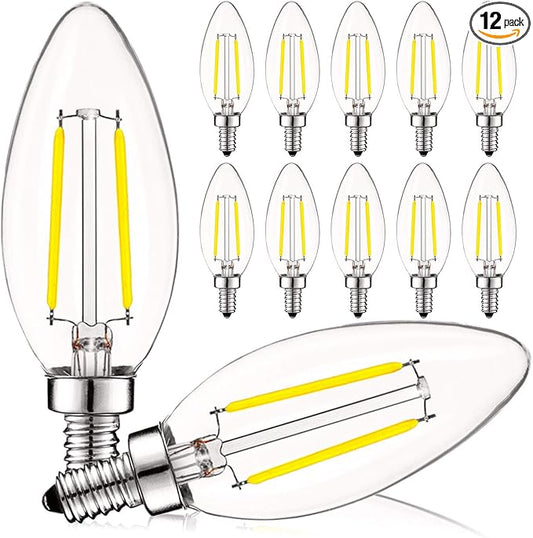 LUXRITE 4W Vintage Candelabra LED Bulbs Dimmable, 400 Lumens, 5000K Bright White, LED Chandelier Light Bulbs 40W Equivalent, Clear Glass, Filament Candle Bulb, UL Listed, E12 Base (12 Pack)