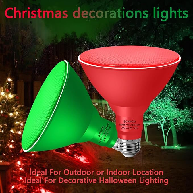 PAR38 Flood Lights Outdoor,Dimmable LED Flood Light Bulbs,20W(Equivalent to 200W),E26 Base,Outdoor Porch,Holiday Lighting,LED Flood Light Bulb for Halloween,Christmas,4 Pack Red Green