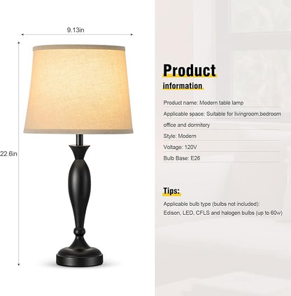 22.6" Table Lamp, 2Pcs Modern Bedside Lamps Desk Reading Light for Living Room Nightstand Bedroom Dormitory Home Office, Black