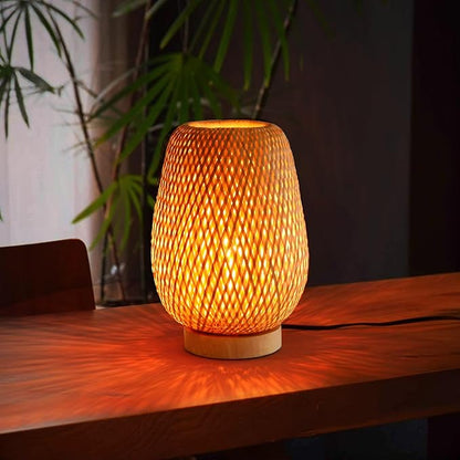 Bamboo Table Lamp for Bedroom,Boho Rattan Bedside Lamp, Vintage Wooden Wicker Nightstand Lamp Shade for Farmhouse, Desktop, Handmade Rustic Indirect Lighting