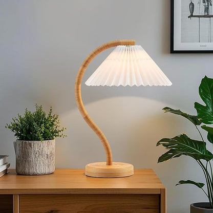 Boho Hand Woven Rattan Table Lamp with White Fabic Shades Plug in and Play Gooseneck Table Light for Bedside Living Room Bedroom Office