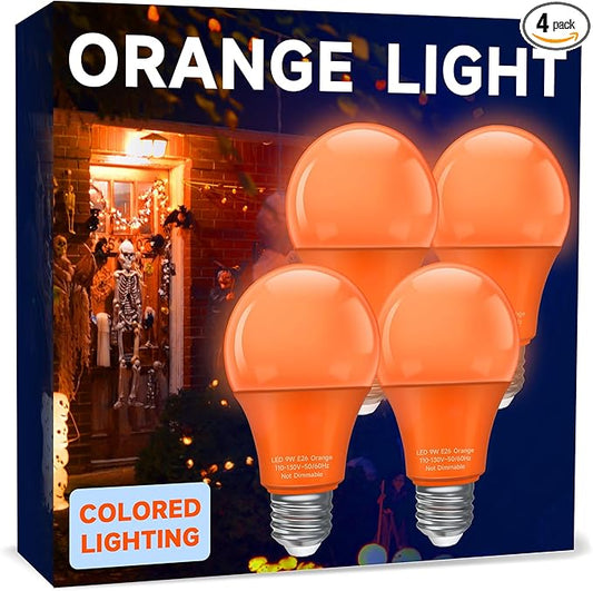 UNILAMP A19 Orange Light Bulb, 9W Equivalent 60Watt, E26 Base LED Orange Bulb, Colored Light Bulbs for Halloween Christmas, Party Decoration, Holiday Lighting, Non Dimmable, 4 Pack