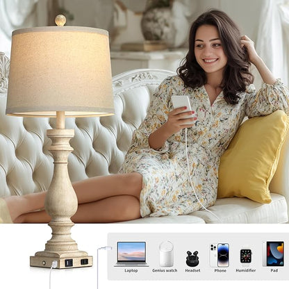 29" Tall Vintage Table Lamps Set of 2,Farmhouse Bedside Lamps with USB C+A Ports & AC Outlet,3-Way Dimmable Touch Lamp for Night Stands Living Room Bedroom,Beige