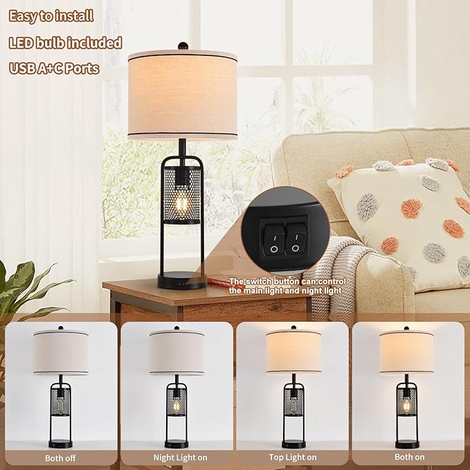 Lamps for Living Room Lamp Set 2 Bedroom Lamps Modern Metal Industrial Design Night Light with USB Port,Linen Lampshade,Bulb,Black