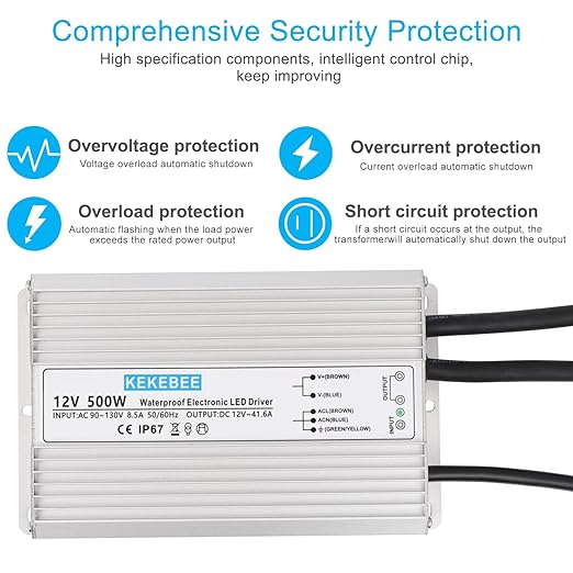 LED Driver 12V500W Waterproof Power Supply 110V/130V AC to 12V DC 41.6A Low Voltage Switching Power Supply IP67 Underwater Lighting LED Light Module Waterproof Transformer
