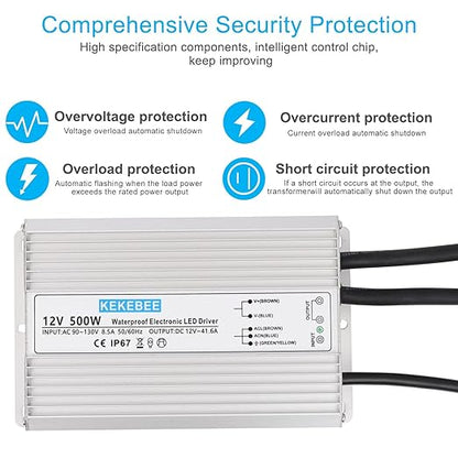 LED Driver 12V500W Waterproof Power Supply 110V/130V AC to 12V DC 41.6A Low Voltage Switching Power Supply IP67 Underwater Lighting LED Light Module Waterproof Transformer