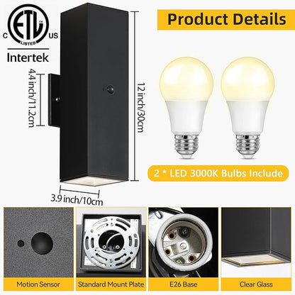 SHIMR Motion Sensor Outdoor Wall Lights, Dusk to Dawn Outdoor Lighting with Matte Black Finish, Up and Down Lights Aluminum Exterior Lighting Fixture for House Porch, LED Bulb Included [ETL Listed]