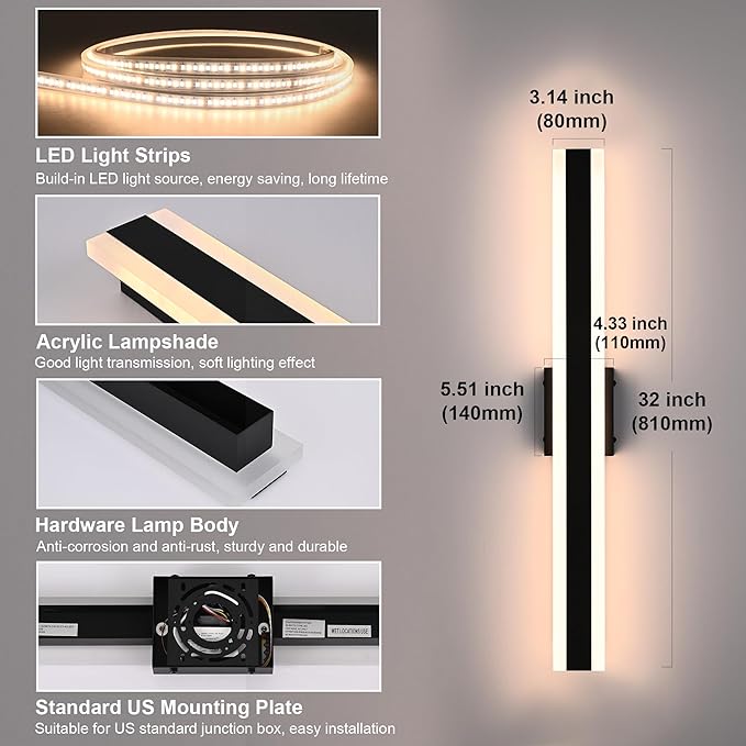 TODOLUZ 2-Pack 32-Inch LED Outdoor Wall Light Fixture, 24W IP65 Waterproof Exterior Linear Wall Mount Lighting, 5 Color Temperature Mode (3000K/3500K/4500K/5000K/6000K)