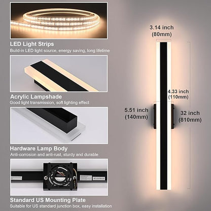 TODOLUZ 2-Pack 32-Inch LED Outdoor Wall Light Fixture, 24W IP65 Waterproof Exterior Linear Wall Mount Lighting, 5 Color Temperature Mode (3000K/3500K/4500K/5000K/6000K)