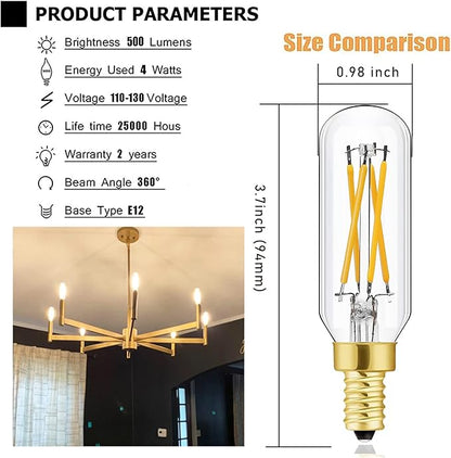 Leools Vintage E12 LED Bulb 40W Equivalent, T6 T6.5, 3000K (Soft White), 450 Lumens, Dimmable Candelabra LED Tube Bulbs 4W, Clear Glass, Edison Filament Tubular Light Bulb 12Pack