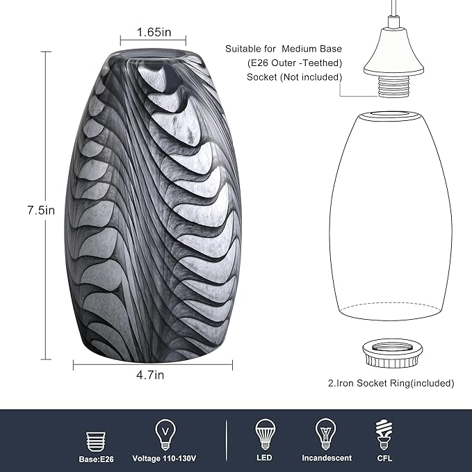 Black Gray Oval Glass Lamp Shade Only Art Marble Glass Light Shades for Kitchen Island pendant Lights Covers Light Fixture Replacement for Mini Pendant Ceiling Lights Chandelier 1pack