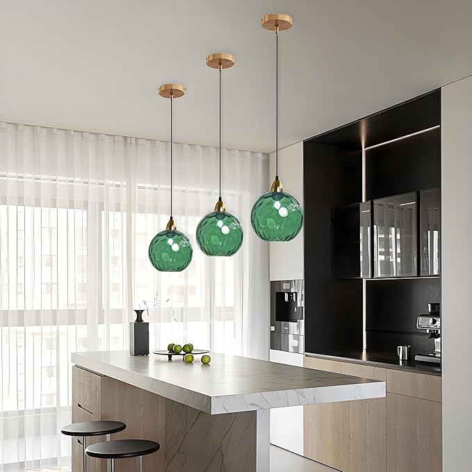 20cm/7.9’’ Industrial Vintage Spherical Glass Pendant Light, E26 Ceiling Hanging Lamp, Gold Finish & Ripple Glass Globe Shade, Dining Room Bedroom Chandelier (Green)