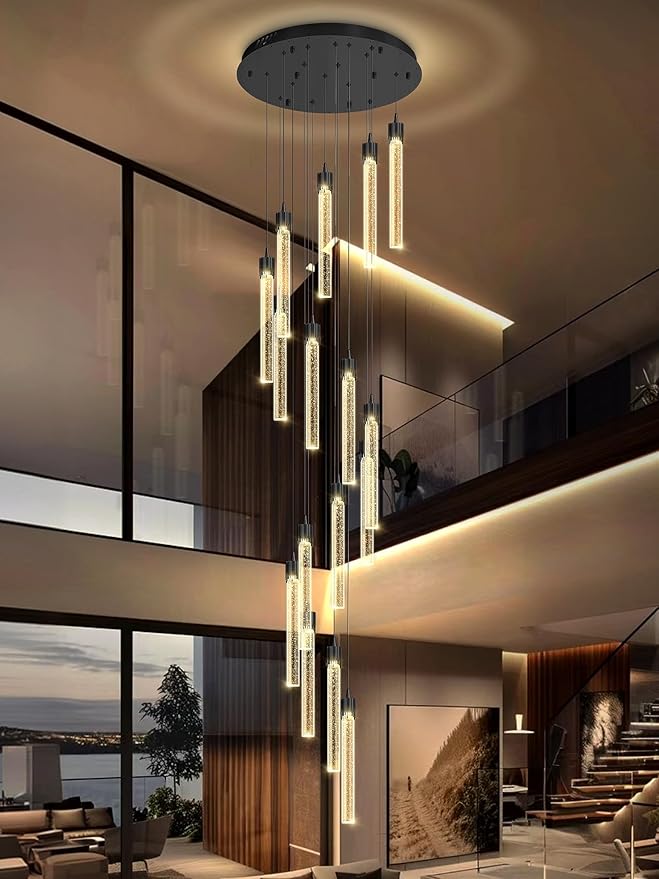 H125'' Modern Crystal Chandeliers for Entryway 18-Lights LED Dimmable Chandeliers Lighting Fixture Large Pendant Light for Staircaes Living Room Villa