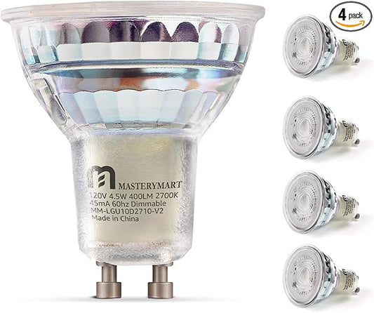 MASTERY MART Dimmable GU10 LED Light Bulbs, 4.5W Bright 5000K Daylight White 50W Halogen Equivalent, 400lm Energy Saver for Track Lighting Fixture, Kitchen, Basement, Living Room, 25000 Hour, 4 Pack