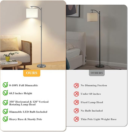 Dimmable Floor Lamp, Arc Floor Lamps for Living Room, Stepless Dimming Modern Standing Lamp with Linen Shade, Tall Lamp for Bedroom Office Dining Room- Grey