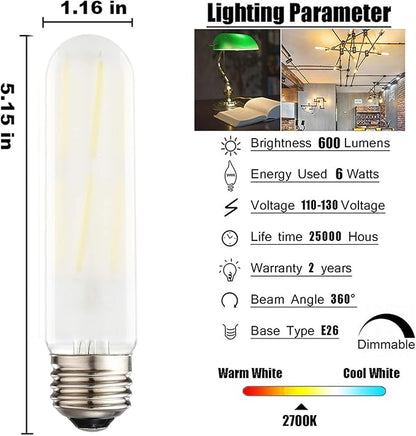 XININSUN T10 Frosted LED Bulbs Warm White 2700K,Dimmable 6W LED Tubular Edison Bulbs 60 Watt Equivalent,600LM, E26 Medium Base Lamp Bulb for Desk Lamp, Pendant Lights. (6-Pack)