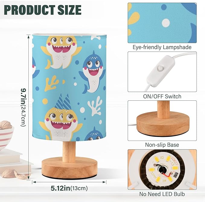 Bedside Lamp Cute Baby Shark Table Lamp for Bedroom LED Nightstand Lamp Shade USB Ports Wood Base for Living Room Dorm Office