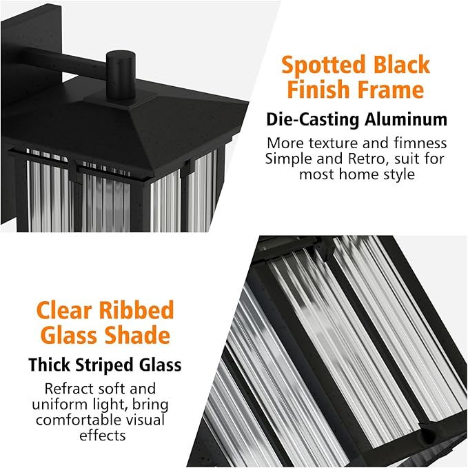 Retro Outdoor Wall Light for House, Outdoor Lighting Fixtures Wall Mount with Ribbed Glass, Soptted Black Aluminum Exterior Wall Lantern for Front Porch Garage Patio (12.2''H, 1 pc)