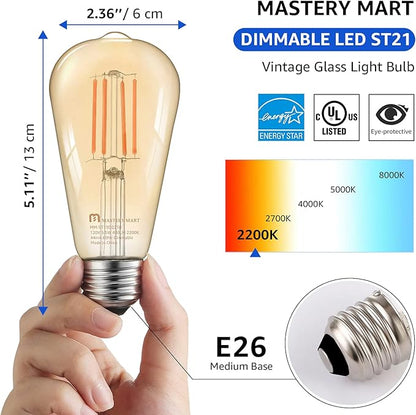 MASTERY MART Dimmable Vintage E26 LED Light Bulb, 2200K Warm White, 5.5W 60W Equivalent, Glass ST19 Antique Edison Style, 400 LM, Decorative Filament Bulb, UL and Energy Star, 10 Pack