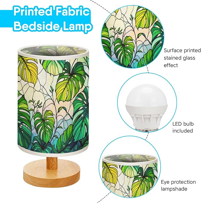 Monstera Table Lamp LED 3-Color Pressed Bedside, Monstera Shade Lamp with Wood Base for Bedroom Living Room Desk Office