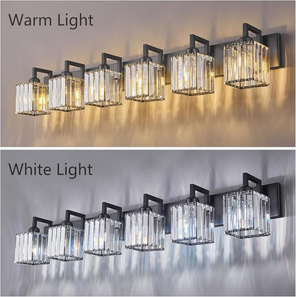 Black Bathroom Light Fixture, 6-Light Crystal Vanity Lighting, Bathroom Lighting Fixtures Over Mirror, Modern Crystal Wall Lamp