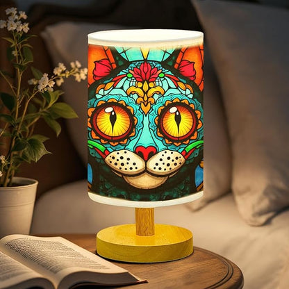 Cat Sugar Skull Table Lamp LED 3-Color Pressed Bedside, Cat Sugar Skull Shade Lamp with Wood Base for Bedroom Living Room Desk Office TL01