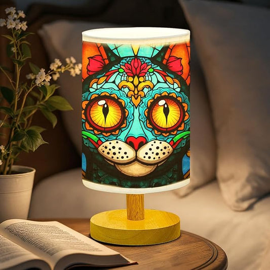 Cat Sugar Skull Table Lamp LED 3-Color Pressed Bedside, Cat Sugar Skull Shade Lamp with Wood Base for Bedroom Living Room Desk Office TL01