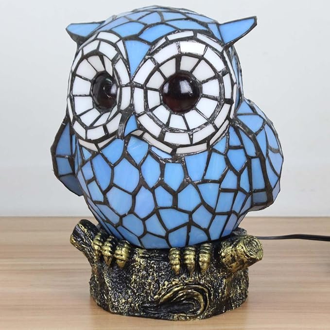 Bieye L10209 Tiffany Style Stained Glass Owl Accent Table Lamp with Handmade Lampshade, Suitable for Decorating Room (Blue)