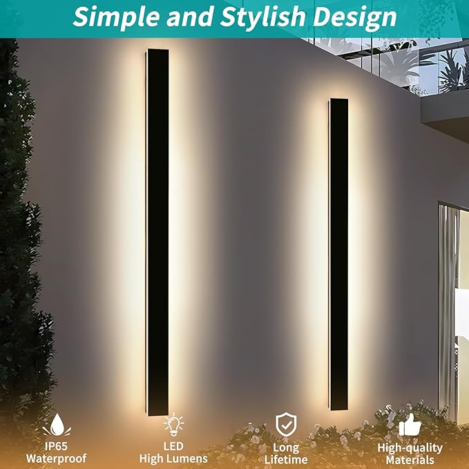 Mikeru 3CCT Dimmable Outdoor Wall Sconce 71" IP65 Waterproof - 2Pack Modern Black Exterior Light with Remote Control, Adjustable 3000K/4500K/6000K for Porch, Patio & Commercial Spaces | Hardwired