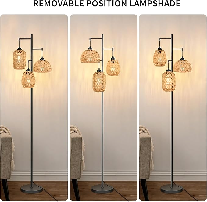 Boho Floor Lamp for Living Room Bedroom,Farmhouse Floor Lamps with 3 Rattan Wicker Shades,Rustic Black Vintage Standing Lamp Light 68" Tall Tree Floor Lamp for Office,Reading,Corner