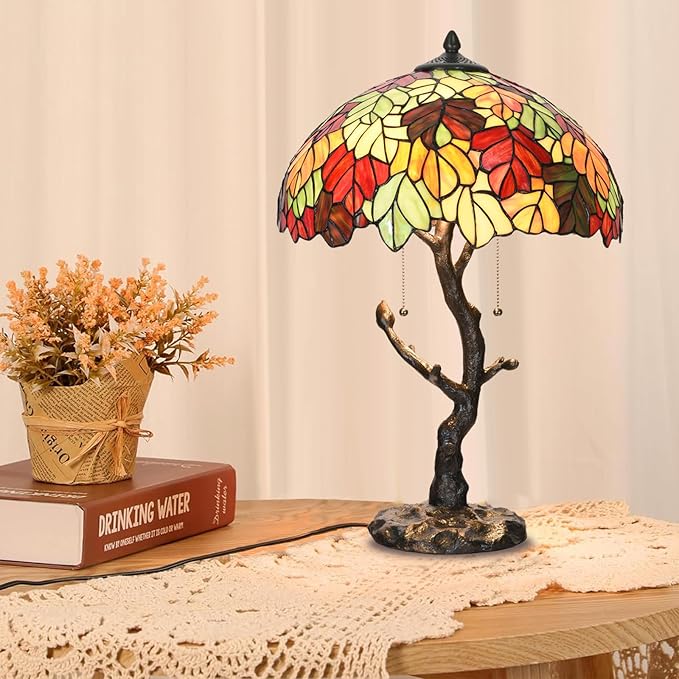 TL0032 Maple Leaves Tiffany Table Lamp Bedside Stained Glass Shade Reading Desk Light 16 X 24.25 Inches for Bedroom Living Room Home Office, LED Blubs Included (TL0032 Maple Leaves)